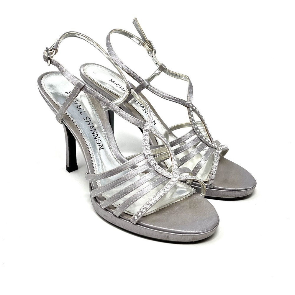 Rhinestone Bling Strappy Womens Jordy Sandal Gray Satin 7 M Prom Party Going Out